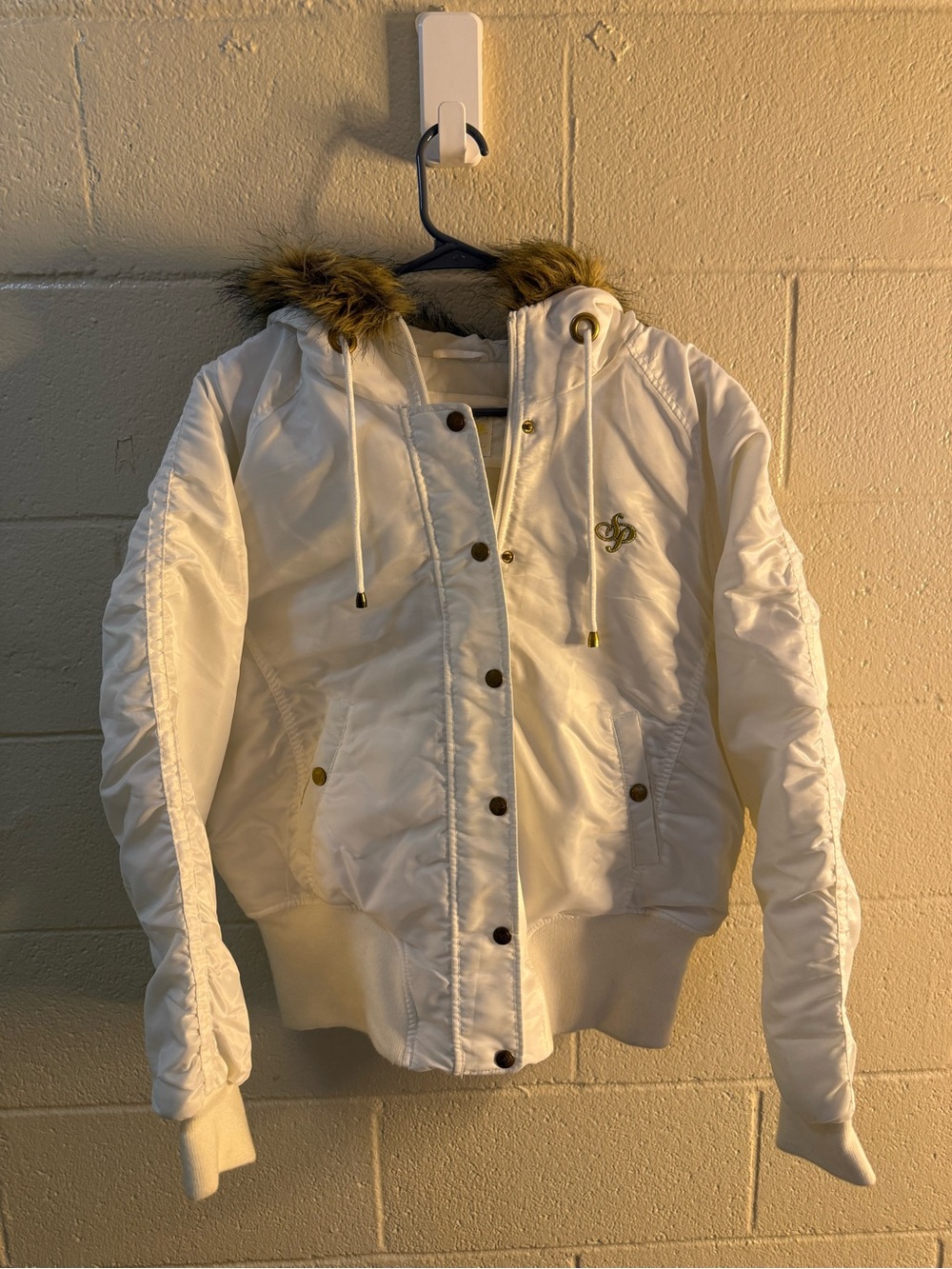 South Pole White Hooded Bomber Jacket with Faux Fur Trim